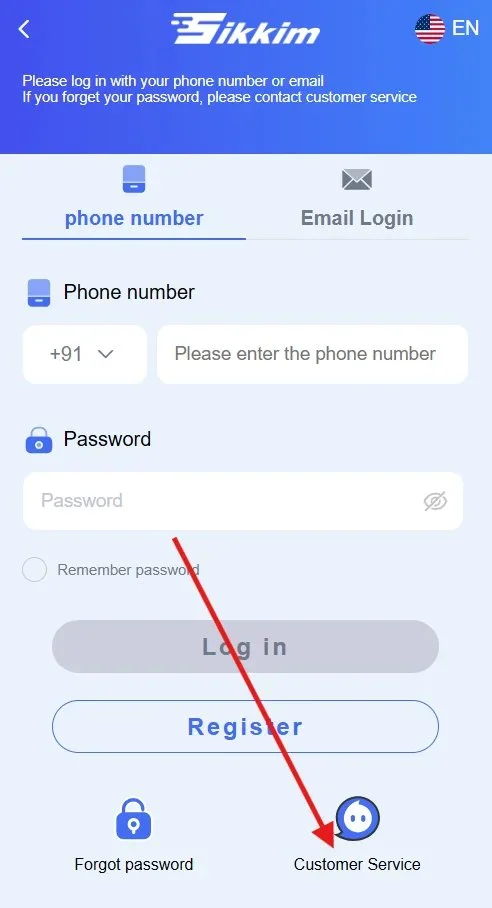 Click Customer service option on login page
